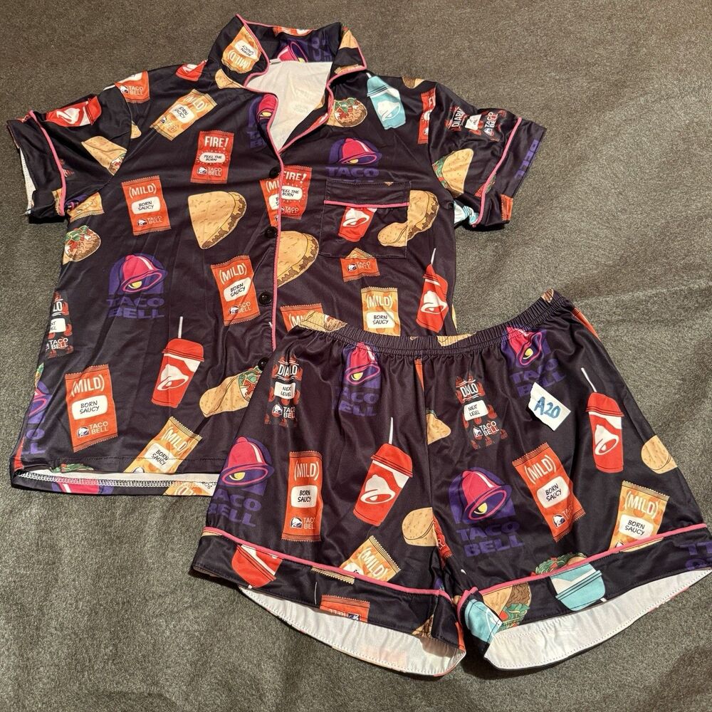 Taco Womens Pajama Set M Medium Black Button Up Shirt Shorts PJ Sleepwear New